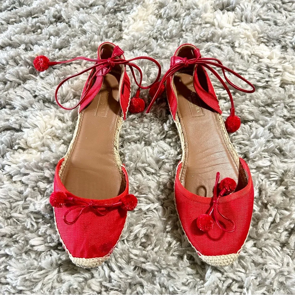 Aquazzura Palm Beach Pom Pom‎ Espadrille Flats in Red sz 39.5